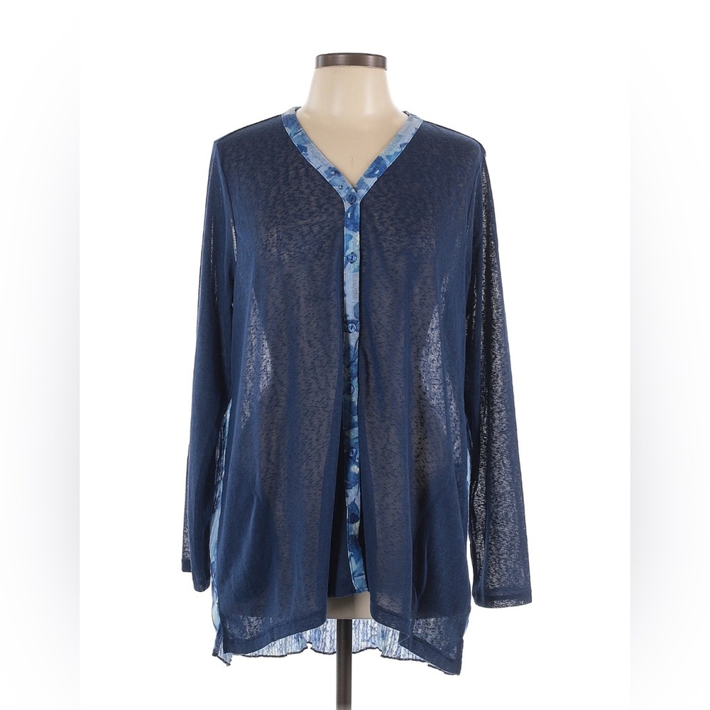 ❤️ LOGO by Lori Goldstein Sheer Blue Cardigan with Pleated Floral Back